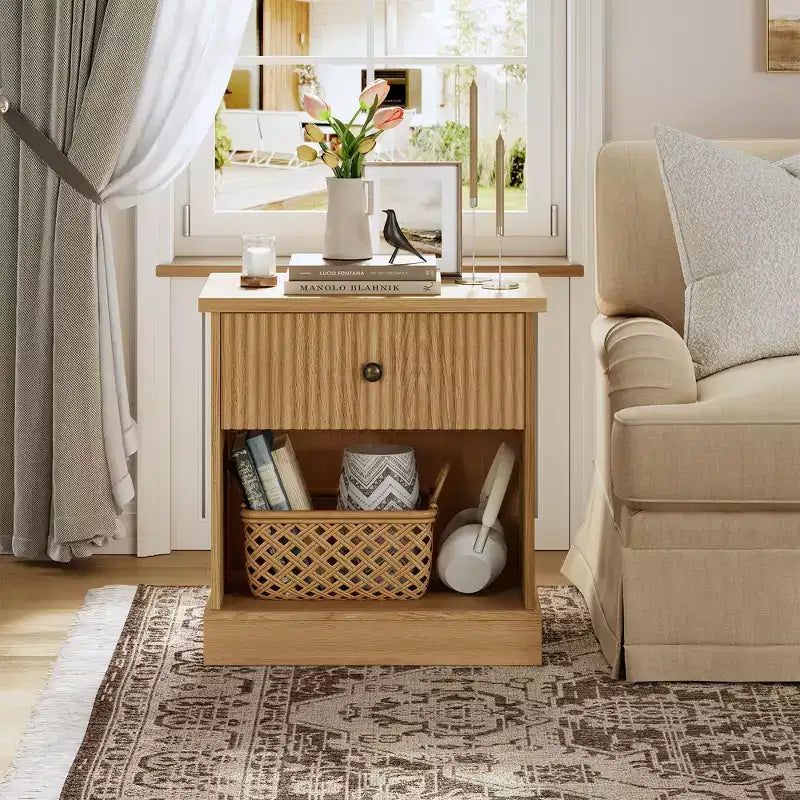COZONY Table de Chevet Cannelée avec Tiroir, Table de Nuit en Bois Clair de Style Mid-Century Moderne avec Rangement pour Chambre à Coucher ou Salon