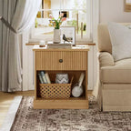 COZONY Table de Chevet Cannelée avec Tiroir, Table de Nuit en Bois Clair de Style Mid-Century Moderne avec Rangement pour Chambre à Coucher ou Salon