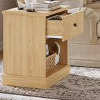 COZONY Table de Chevet Cannelée avec Tiroir, Table de Nuit en Bois Clair de Style Mid-Century Moderne avec Rangement pour Chambre à Coucher ou Salon