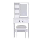 JVNOXK Coiffeuse Moderne Mini avec Miroir LED Dimmable, Espace de Rangement Caché, Étagères Multi-Niveaux et Tabouret Rembourré, Blanc