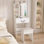 JVNOXK Coiffeuse Moderne Mini avec Miroir LED Dimmable, Espace de Rangement Caché, Étagères Multi-Niveaux et Tabouret Rembourré, Blanc