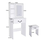 JVNOXK Coiffeuse Moderne Mini avec Miroir LED Dimmable, Espace de Rangement Caché, Étagères Multi-Niveaux et Tabouret Rembourré, Blanc