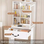JVNOXK Coiffeuse Moderne Mini avec Miroir LED Dimmable, Espace de Rangement Caché, Étagères Multi-Niveaux et Tabouret Rembourré, Blanc