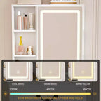 JVNOXK Coiffeuse Moderne Mini avec Miroir LED Dimmable, Espace de Rangement Caché, Étagères Multi-Niveaux et Tabouret Rembourré, Blanc