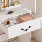 JVNOXK Coiffeuse Moderne Mini avec Miroir LED Dimmable, Espace de Rangement Caché, Étagères Multi-Niveaux et Tabouret Rembourré, Blanc