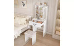 JVNOXK Coiffeuse Moderne Mini avec Miroir LED Dimmable, Espace de Rangement Caché, Étagères Multi-Niveaux et Tabouret Rembourré, Blanc