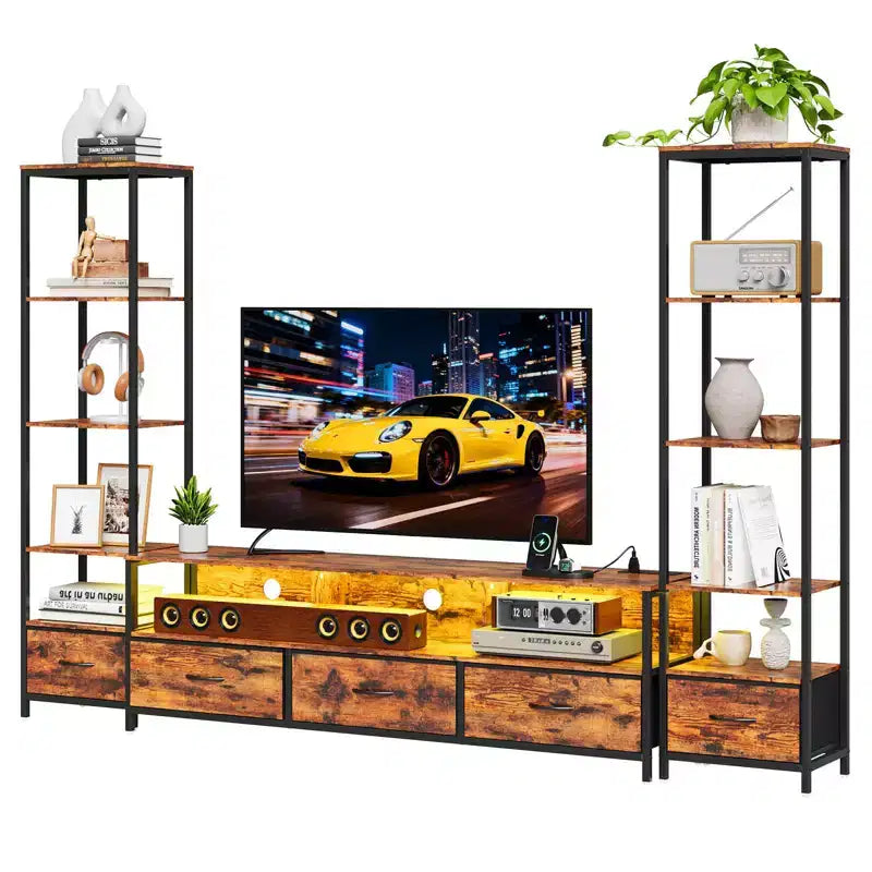 Modern TV Stand with Bookshelf, Wood and Metal Compact Entertainment Center with Fabric Drawer for Living Room