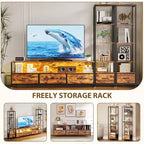 Meuble TV moderne avec étagère, meuble de divertissement compact en bois et métal avec tiroir en tissu pour salon