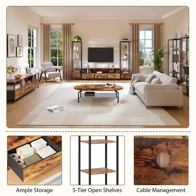 Meuble TV moderne avec étagère, meuble de divertissement compact en bois et métal avec tiroir en tissu pour salon