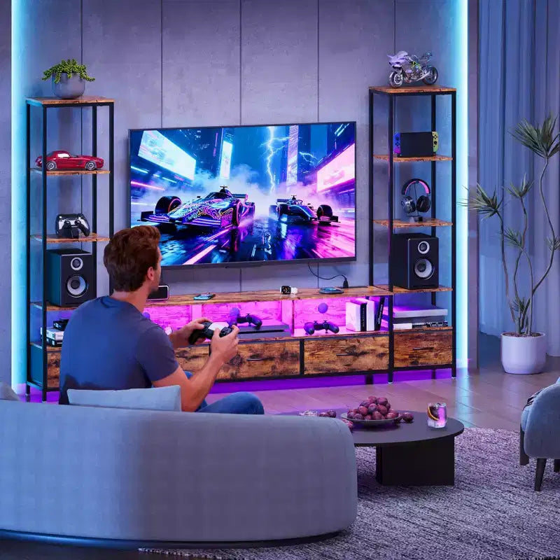 Meuble TV moderne avec étagère, meuble de divertissement compact en bois et métal avec tiroir en tissu pour salon