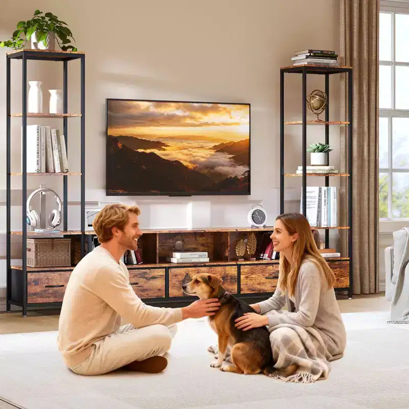 Meuble TV moderne avec étagère, meuble de divertissement compact en bois et métal avec tiroir en tissu pour salon