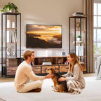 Meuble TV moderne avec étagère, meuble de divertissement compact en bois et métal avec tiroir en tissu pour salon