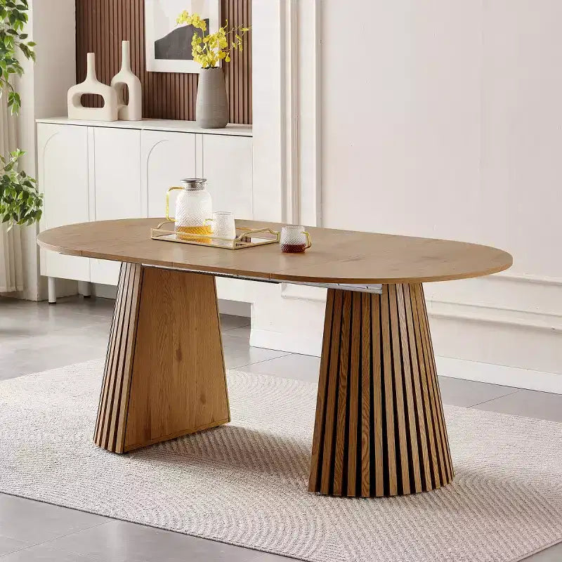 Modern Extendable Round Dining Table, Space-Saving Oval Table with Slatted Legs, Multi-Functional Kitchen, Tea Table or Office Desk-Panipeachy