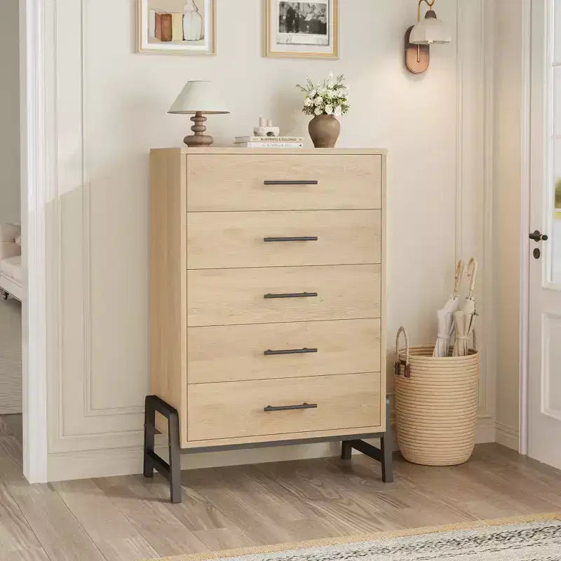 Garvee 5 Commode pour chambre à coucher, tiroir de 128 cm de haut avec grand espace de rangement, commode de rangement autoportante en bois pour salon, chambre à coucher