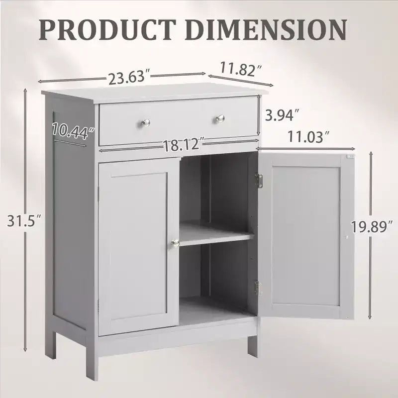 Meuble de rangement de salle de bain gris avec 2 portes et 1 tiroir