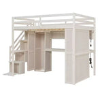 Lit mezzanine Whisen avec armoire intégrée, bureau, étagères de rangement et lumières