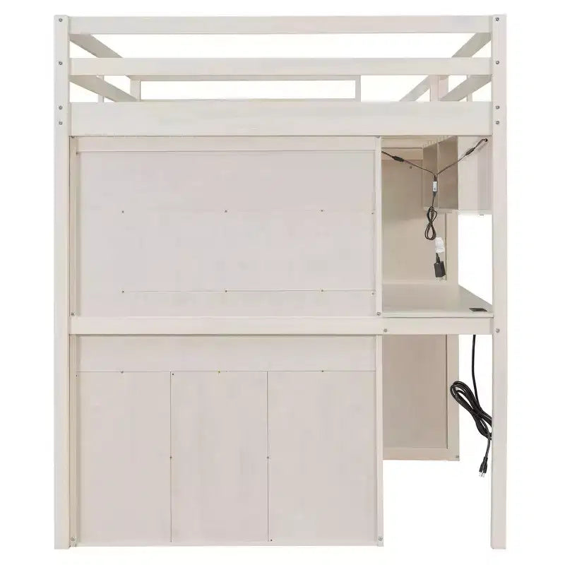 Lit mezzanine Whisen avec armoire intégrée, bureau, étagères de rangement et lumières