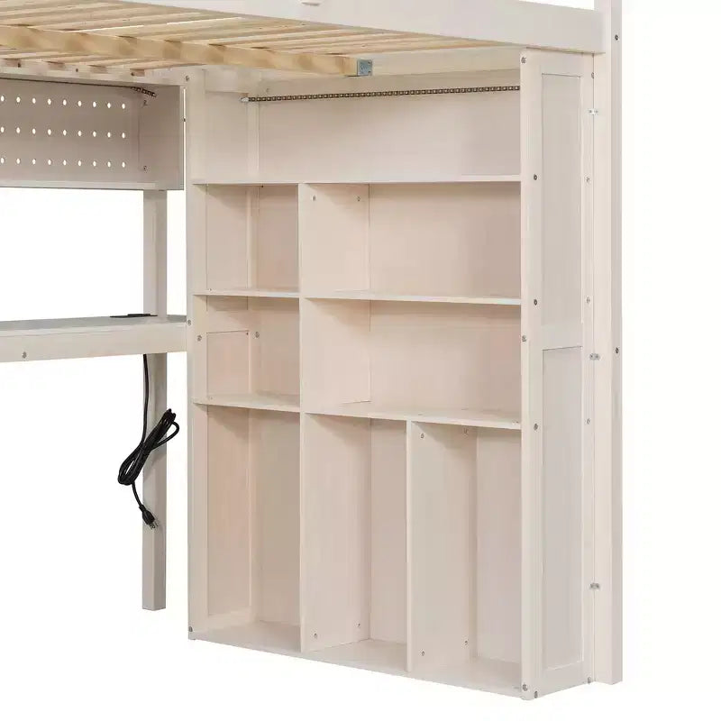 Lit mezzanine Whisen avec armoire intégrée, bureau, étagères de rangement et lumières