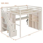 Lit mezzanine Whisen avec armoire intégrée, bureau, étagères de rangement et lumières