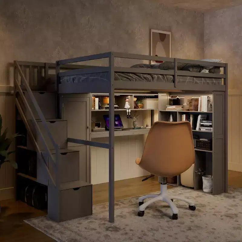 Lit mezzanine Whisen avec armoire intégrée, bureau, étagères de rangement et lumières