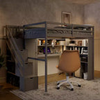 Lit mezzanine Whisen avec armoire intégrée, bureau, étagères de rangement et lumières