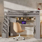 Lit mezzanine Whisen avec armoire intégrée, bureau, étagères de rangement et lumières