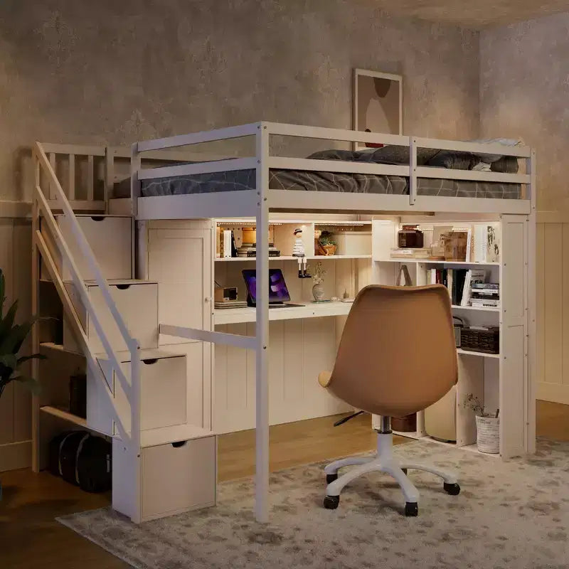 Lit mezzanine Whisen avec armoire intégrée, bureau, étagères de rangement et lumières