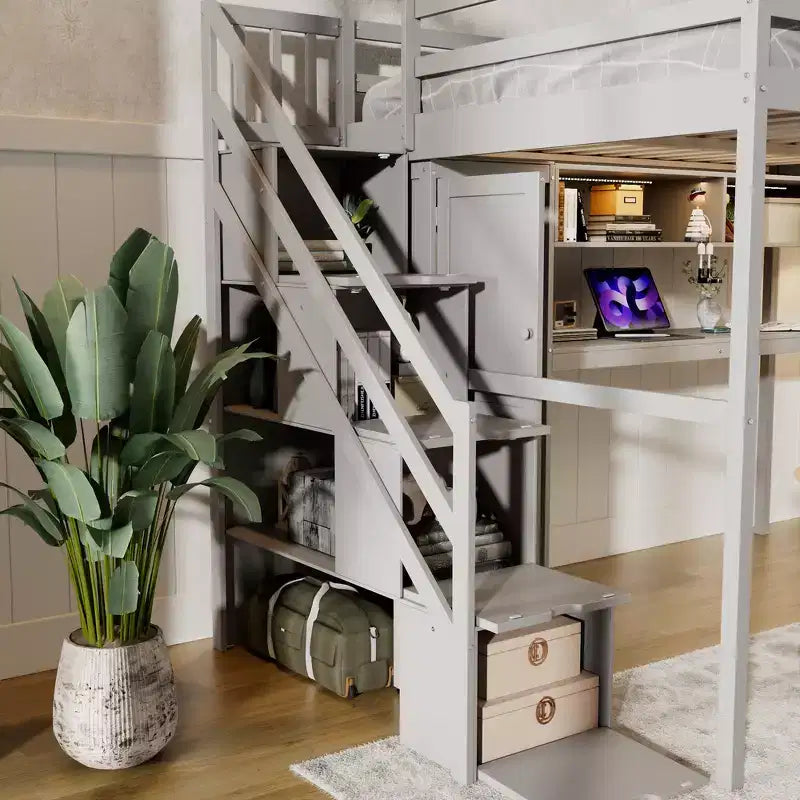 Lit mezzanine Whisen avec armoire intégrée, bureau, étagères de rangement et lumières