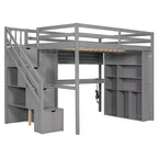 Lit mezzanine Whisen avec armoire intégrée, bureau, étagères de rangement et lumières