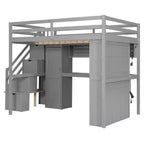 Lit mezzanine Whisen avec armoire intégrée, bureau, étagères de rangement et lumières