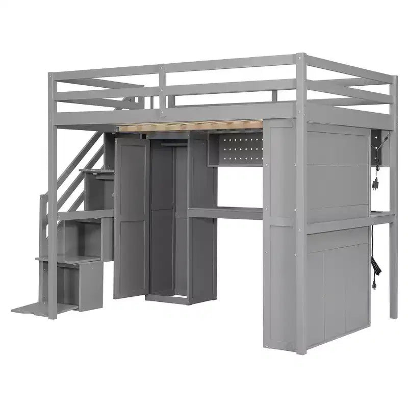Lit mezzanine Whisen avec armoire intégrée, bureau, étagères de rangement et lumières