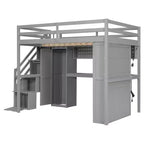 Lit mezzanine Whisen avec armoire intégrée, bureau, étagères de rangement et lumières