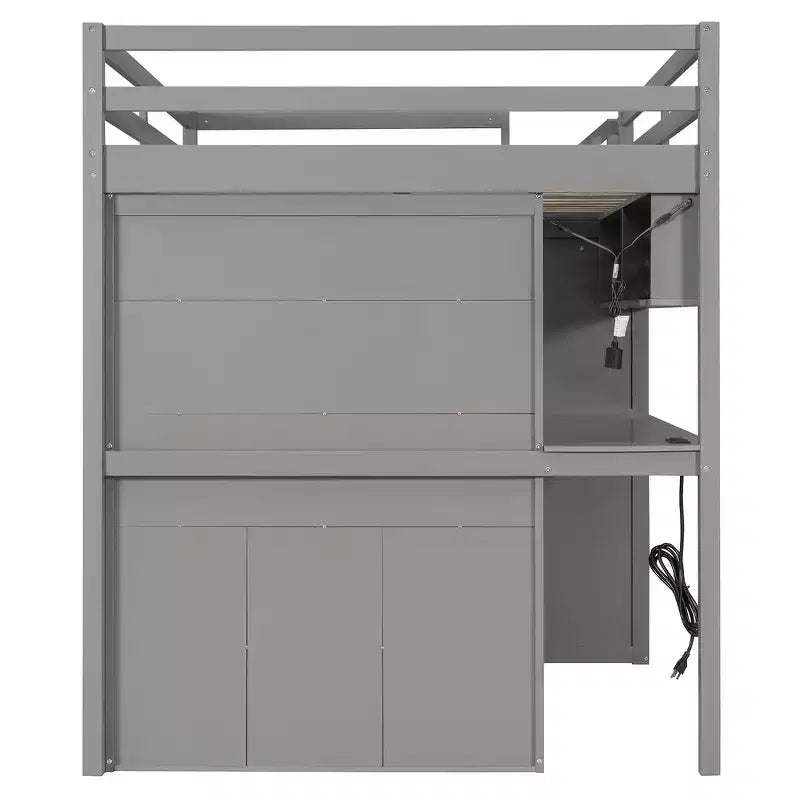 Lit mezzanine Whisen avec armoire intégrée, bureau, étagères de rangement et lumières