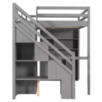 Lit mezzanine Whisen avec armoire intégrée, bureau, étagères de rangement et lumières
