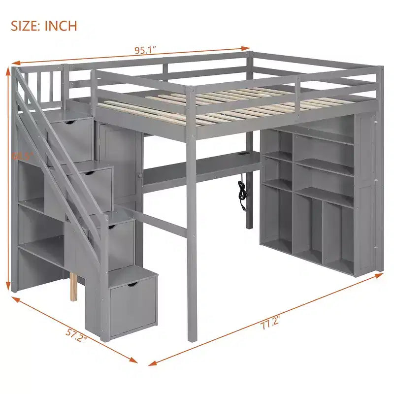 Lit mezzanine Whisen avec armoire intégrée, bureau, étagères de rangement et lumières