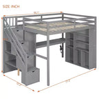 Lit mezzanine Whisen avec armoire intégrée, bureau, étagères de rangement et lumières