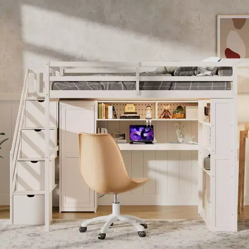 Lit mezzanine Whisen avec armoire intégrée, bureau, étagères de rangement et lumières