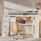 Lit mezzanine Whisen avec armoire intégrée, bureau, étagères de rangement et lumières