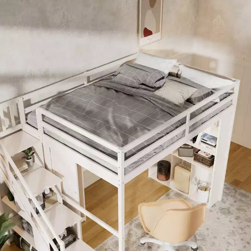 Lit mezzanine Whisen avec armoire intégrée, bureau, étagères de rangement et lumières