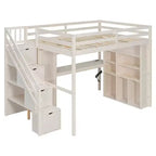 Lit mezzanine Whisen avec armoire intégrée, bureau, étagères de rangement et lumières