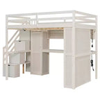 Lit mezzanine Whisen avec armoire intégrée, bureau, étagères de rangement et lumières
