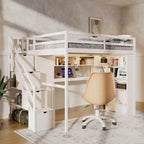 Whisen Full Loft Bed Frame with Built-In Wardrobe, Study Desk, Storage Shelves & Lights