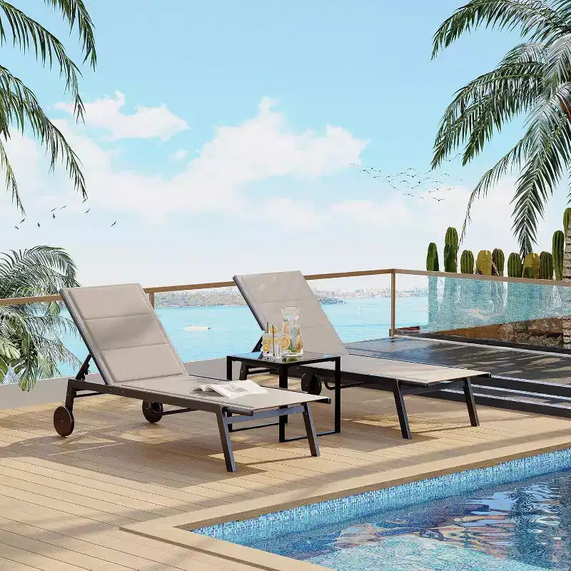 Patio Textile Chaise Lounge Chairs with Side Table, 5-Level Backrest Pool Loungers on Wheel, for Outdoor Pool, Yard, Lawn, Beach