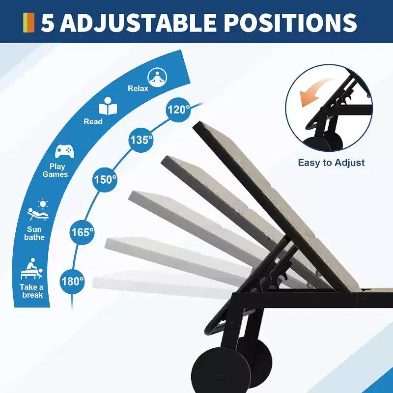 Chaises longues de patio en textile avec table d'appoint, chaises longues de piscine à dossier réglable sur 5 niveaux sur roulettes, pour piscine extérieure, cour, pelouse, plage