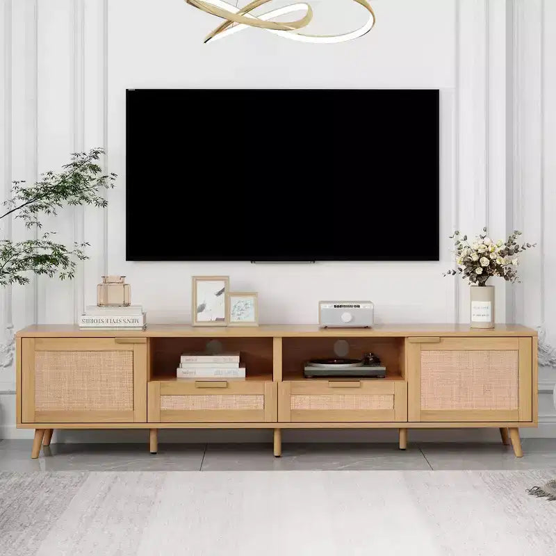 Meuble TV GDFStudio Elora style ferme moderne avec motif en rotin et 2 tiroirs
