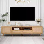 Meuble TV GDFStudio Elora style ferme moderne avec motif en rotin et 2 tiroirs