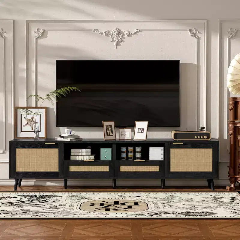 GDFStudio Elora Modern Farmhouse TV Stand with Rattan Design and 2 Drawers