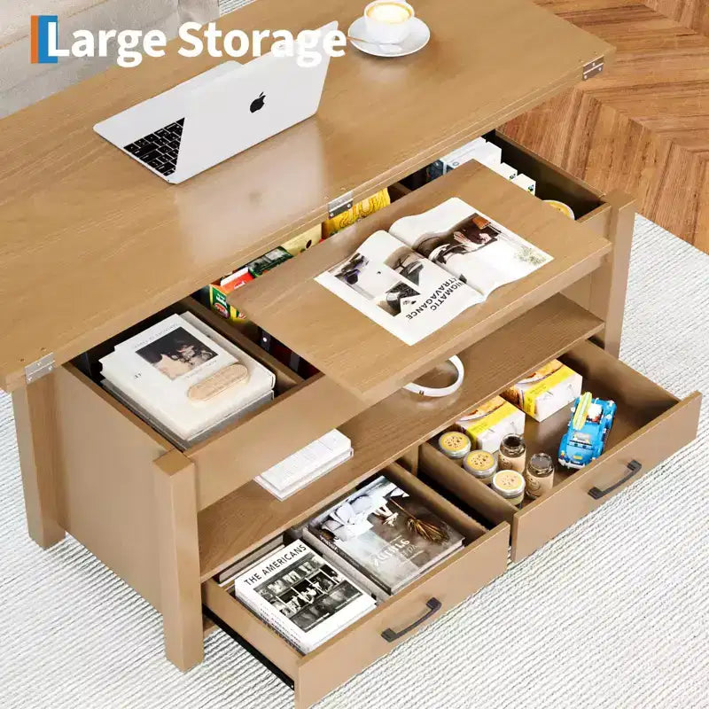 Table basse à plateau relevable, Grande table basse avec compartiment caché, Table basse de rangement pour salon, Design moderne