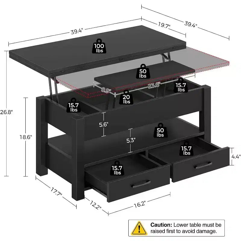 Table basse à plateau relevable, Grande table basse avec compartiment caché, Table basse de rangement pour salon, Design moderne