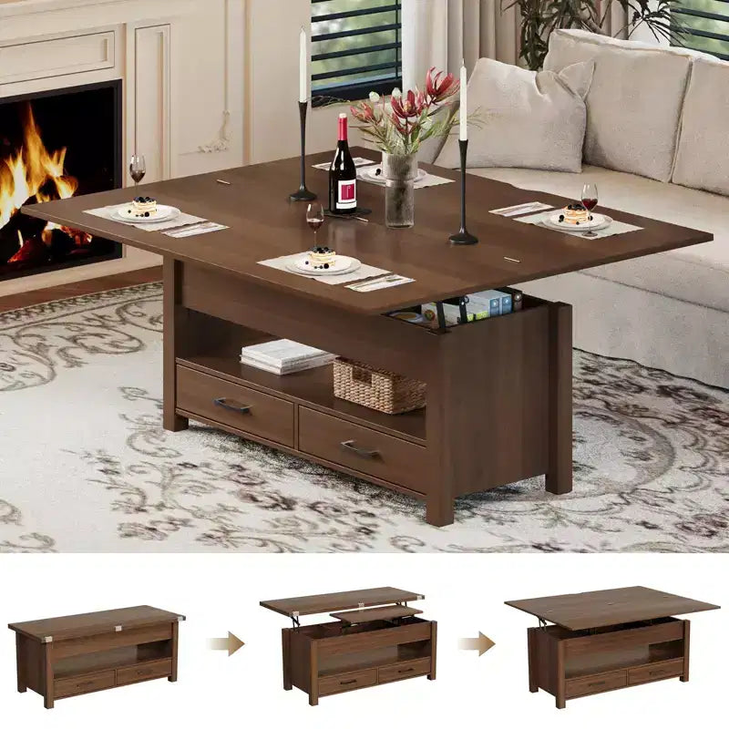 Table basse à plateau relevable, Grande table basse avec compartiment caché, Table basse de rangement pour salon, Design moderne